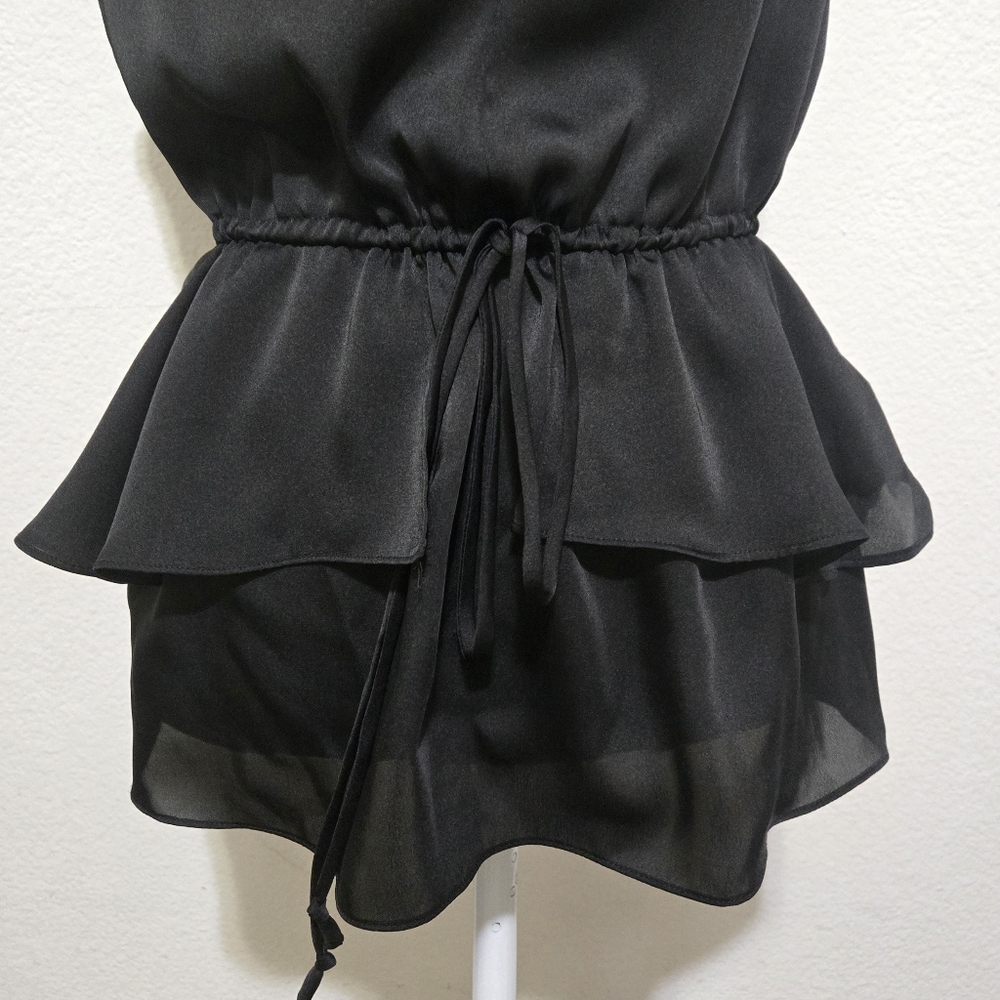 CYNTHIA STEFFE Hanna Black Ruffle Blouse Drawstring Waist Sleeveless Size Medium - Picture 3 of 14